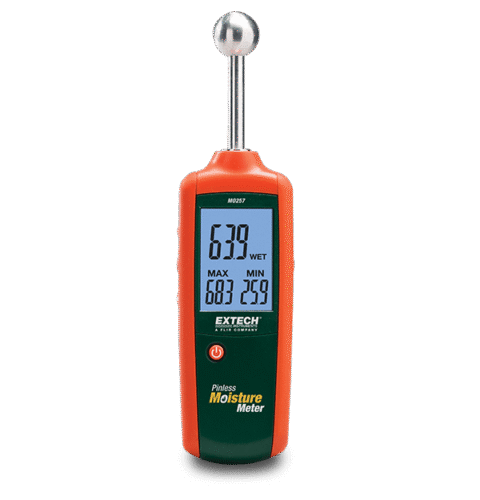 Portable Extech MO257 pinless humidity meter with display and spherical sensor. The product has a green with orange color.
