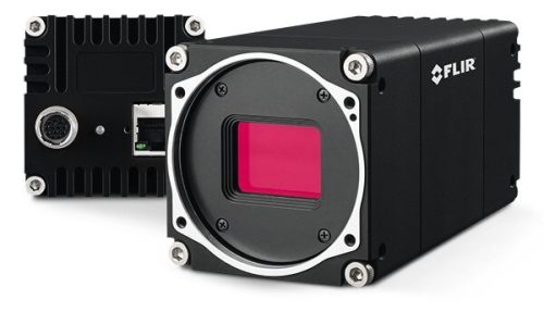 La caméra FLIR Oryx 10G en vue avant et arrière. L'objectif est de couleur rose.