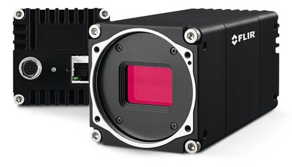 La caméra FLIR Oryx 10G en vue avant et arrière. L'objectif est de couleur rose.