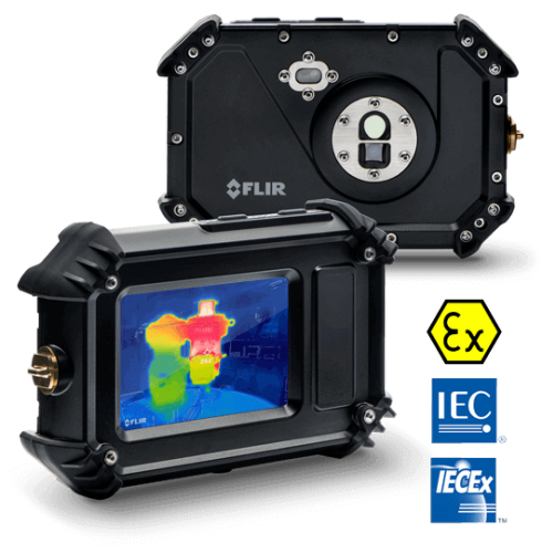 De FLIR Cx5 in voor- en achteraanzicht. Op het scherm van de camera staat een warmtebeeld.