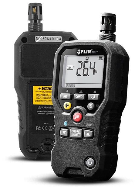 Digitale vochtmeter met display en knoppen interface.