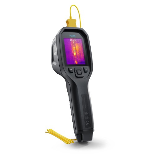 Portable FLIR TG268 spotmeter with a thermal image on the camera screen. There is also a yellow thermocouple attached to the spotmeter.