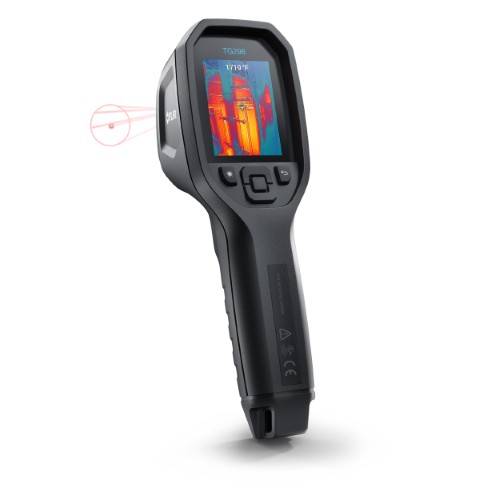 Portable FLIR TG298 spot meter with a thermal image on the camera screen.
