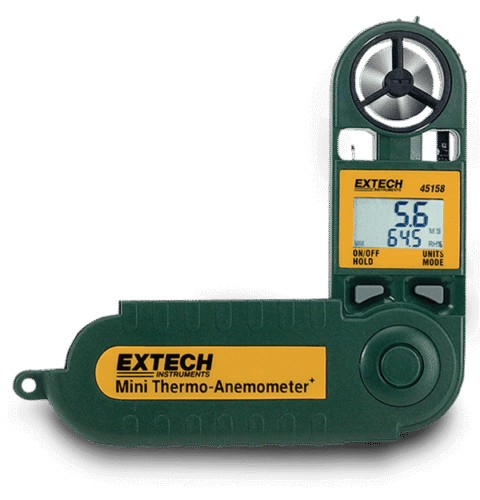 Extech 45158 Mini thermo-anemometer with display. The product has a green color with yellow accents.