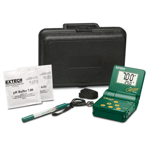 Extech Oyster-15 pH/mV/temperatuurmeter kit: zwarte koffer met daarvoor alle producten uitgestald.