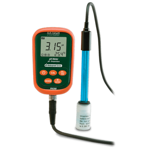 Digitale Extech PH300 waterbestendige pH/mV/temperatuur kit met probe en display. Het product heeft een groene en oranje kleur met oranje knoppen.