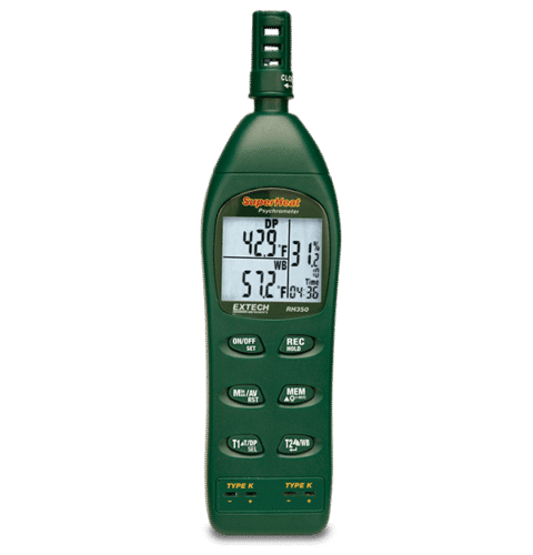 Hygromètre-thermomètre psychromètre à double entrée Extech RH350 de couleur verte.