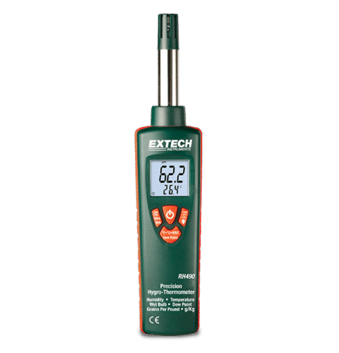 Hygromètre numérique de précision Extech RH490 de couleur verte avec boutons orange.