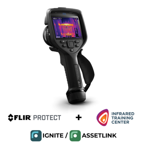 FLIR E52 warmtebeeldcamera in vooraanzicht. Op het scherm van de camera staat een thermisch beeld in het kleurpalet ijzer. Onderaan de camera staat de bundel-promo actie.