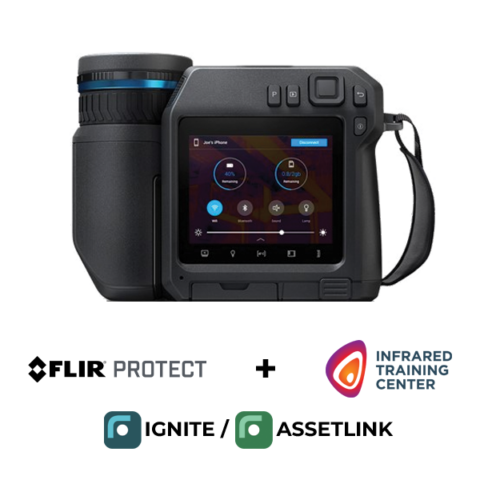 De FLIR T540 thermische camera in vooraanzicht. Op het camerascherm zijn de verschillende menu-opties te zien. Onderaan de camera staat de bundel-promo actie.